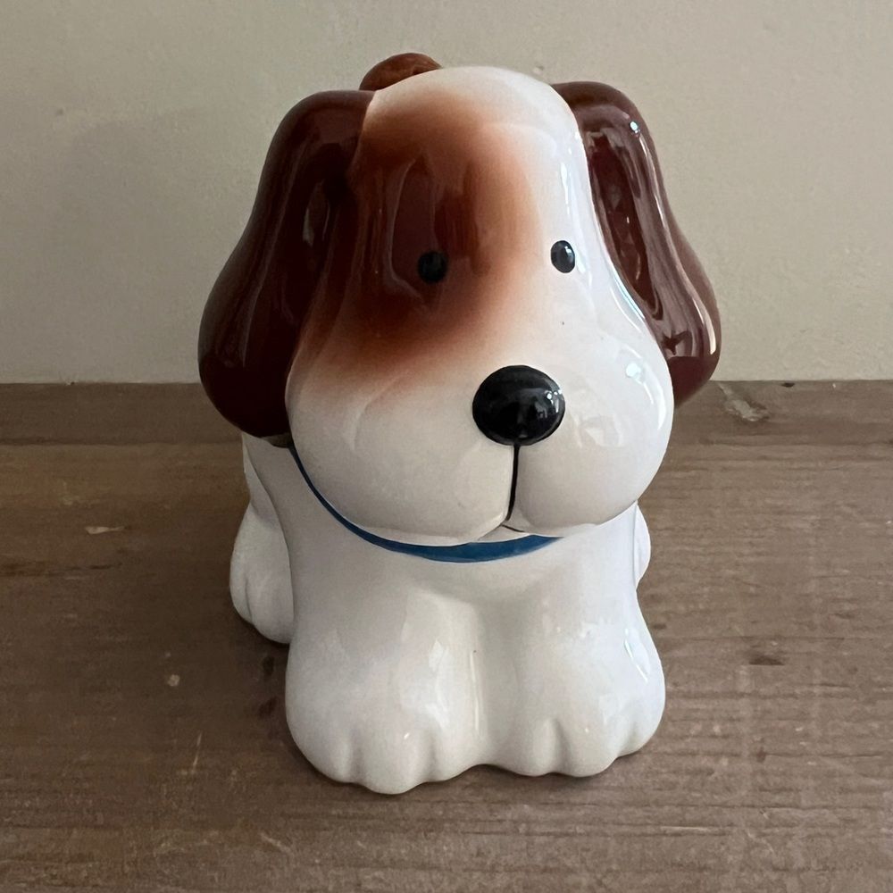 Dog Puppy Bank Dept. 56 Hand Painted W/Bone On His Back And Stopper